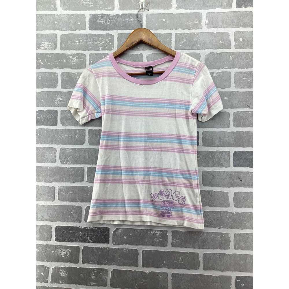 Peace Frogs T-Shirt Womens Medium Pink Striped Ringer Tee Cotton Short Sleeve
